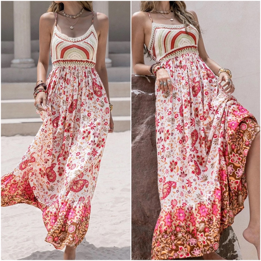 029 Boho Floral Print Cami Cottagecore Maxi Dress - Picture 2 of 4